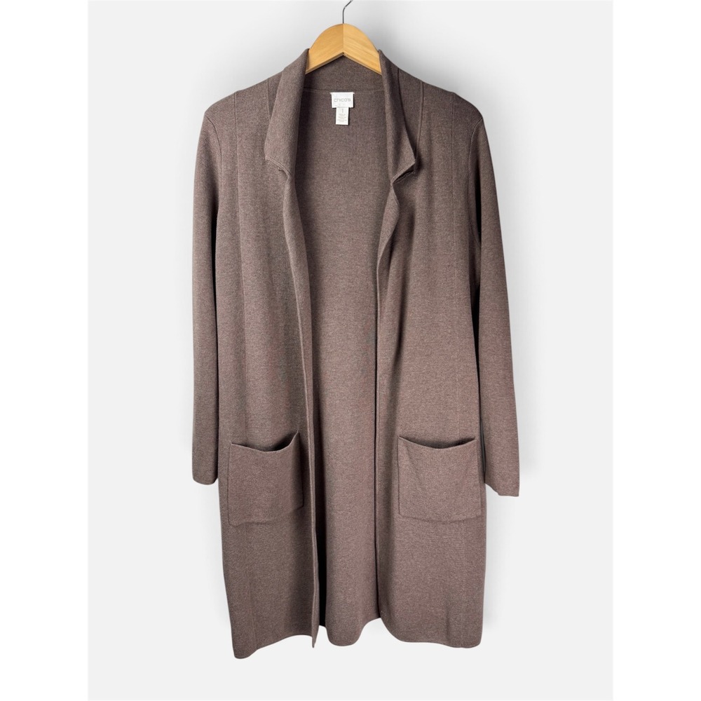 Chico's Longline Cardigan Women Size 1 Med Brown Cotton Open Front Pocket Duster